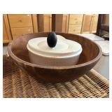 Large Wood Salad Bowl and Salad Spinner lot