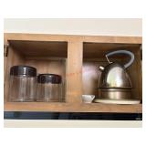 Canisters and Tea pot, Oven Covers lot