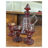 Bohemian ruby red cut-to-clear glass decanter set