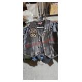 Mens large leather vest with Harley patches,