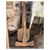 Double Axe head with broken handle and Shovel