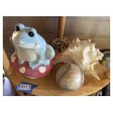 Shelf lot Frog garden decor, Baseball, seashell,