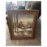 Framed Snowy Cabin Scene Art
