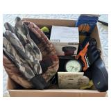 Box lot of gloves, Air Pump and more