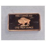 One Troy Ounce Fine Copper .999 Bar