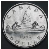 Canada Silver Dollar 1953 Shoulder Fold variety