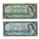 Lot of 2 1967 $1 & 1954 $5 Canada Banknotes