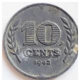 Netherlands 1942 WWII 10 CENTS coin 22mm