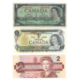 Lot of 3 1954 $1, 1973 $1, & 1986 $2 Banknotes