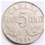 Canada 1934 George V, FIVE CENTS coin