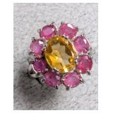 Silver 5.48g Citrine Ruby 4.7ct Ring Retail