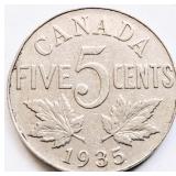 Canada 1935 George V, FIVE CENTS coin