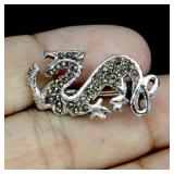 925 Sterling Silver Brooch Round Marcasite Dragon
