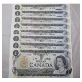 Canada Lot of 8 $1 1973 Banknotes in sequence BC-4