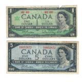 Lot of 2 1967 $1 & 1954 $5 Canada Banknotes