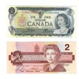 Lot of 2 1973 $1 & 1986 $2 Canada Banknotes