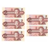 Lot of 5 1986 Sequential Canada $2 Banknotes
