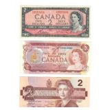 Lot of 3 1954, 1974, & 1986 Canada $2 Banknotes