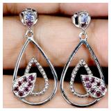 925 Sterling Silver Earrings Round Tanzanite Rhodo