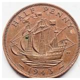 UK 1943 WWII George VI HALF PENNY coin 25mm
