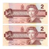 Lot of 2 1986 Sequential Canada $2 Banknotes