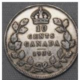 Canada 10 Cents 1936 Bar