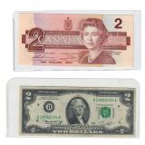 Lot of 2 1986 Canada & 1976 US $2 Banknotes