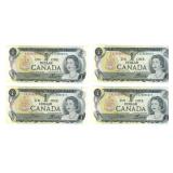 Lot of 4 1973 Sequential Canada $1 Banknotes