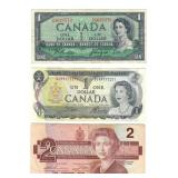Lot of 3 1954 $1, 1973 $1, & 1986 $2 Banknotes