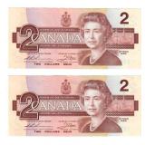 Lot of 2 1986 Sequential Canada $2 Banknotes