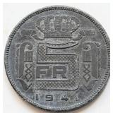 Belgium 1941 Leopold III 5 FRANCS coin 25mm zinc