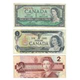 Lot of 3 1954 $1, 1973 $1, & 1986 $2 Banknotes
