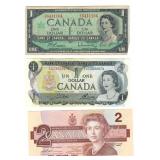 Lot of 3 1954 $1, 1973 $1, & 1986 $2 Banknotes