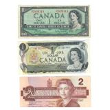 Lot of 3 1954 $1, 1973 $1, & 1986 $2 Banknotes