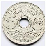 France 1938, 5 CENTIMES coin 17mm AU