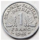 France 1943 WWII, ONE FRANC coin 23mm Al