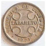 Colombia 1921 Leper Colony token 2 CENTAVOS coin