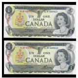 Lot of 2 1973 Consecutive Canadian $1 Banknotes