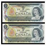 Lot of 2 1973 Consecutive Canadian $1 Banknotes
