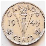 Canada 1945 WWII George VI, FIVE CENTS coin