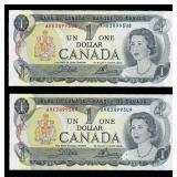 Lot of 2 1973 Consecutive Canadian $1 Banknotes
