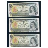 Lot of 3 1973 Consecutive Canadian $1 Banknotes