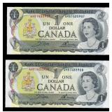 Lot of 2 1973 Consecutive Canadian $1 Banknotes