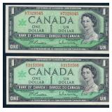 Lot of 2 1967 UNC Canadian $1 Banknotes