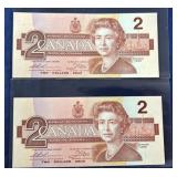 Lot of 2 UNC 1986 Consecutive Canadian $2 Banknote