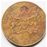 Kenya 1968 TEN CENTS coin 30.8mm 9.45g brass