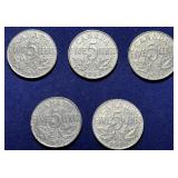Lot of 5 Canada 5 Cents, 1931,1933,1934,1935,1936