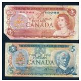 Lot of 2 1974 & 1979 Canadian $2 & $5 Banknotes