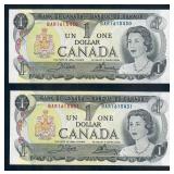 Lot of 2 1973 Consecutive Canadian $1 Banknotes