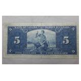Canada $5 Banknote 1937 BC-23b Gordon Towers